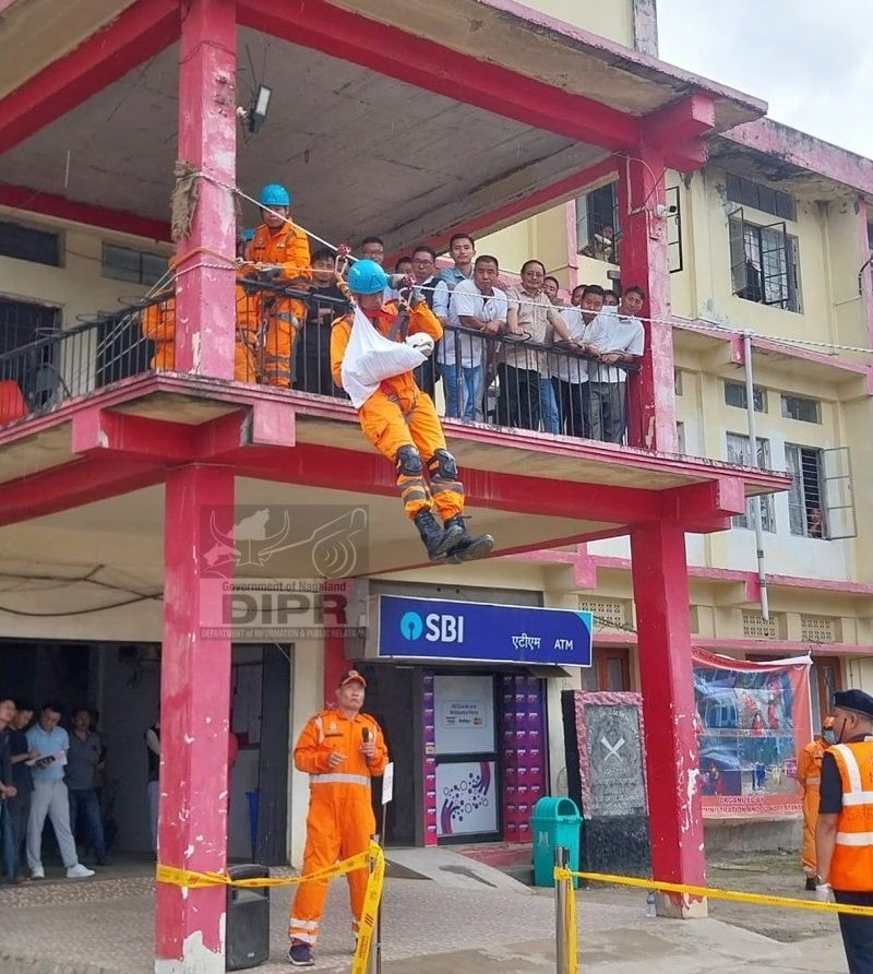 NDRF personnel demonstrating rescue operation during the District Level Mock Drill at DC's office Kiphire. (DIPR Photo)